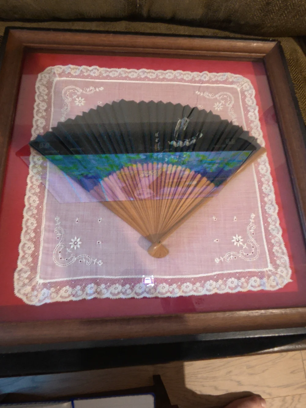 Vintage 1950's Korean painted fan and lace handkerchief in wood/glass frame